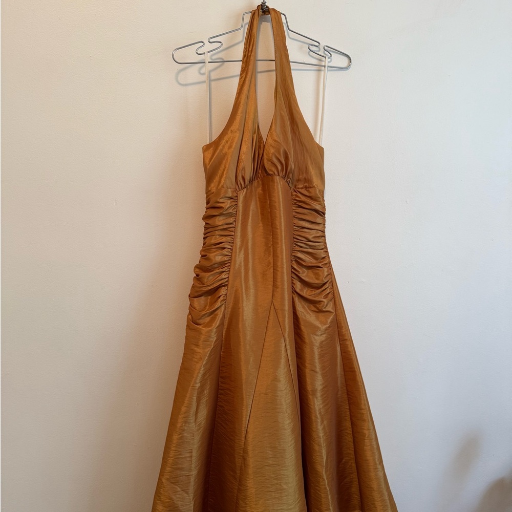 Unique Vintage Brown Ruched Halter Midi Dress